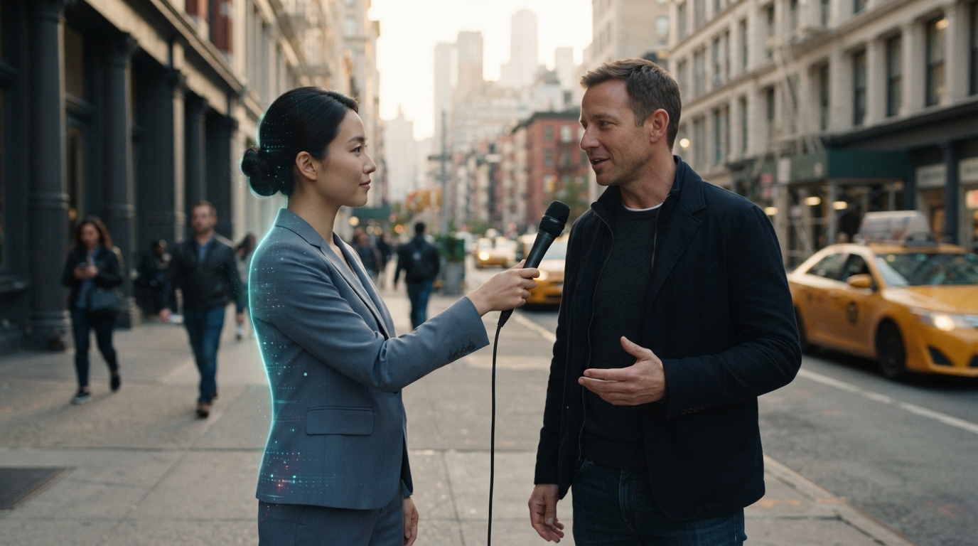 Concept image of a female AI digital human interviewing a man on a New York street