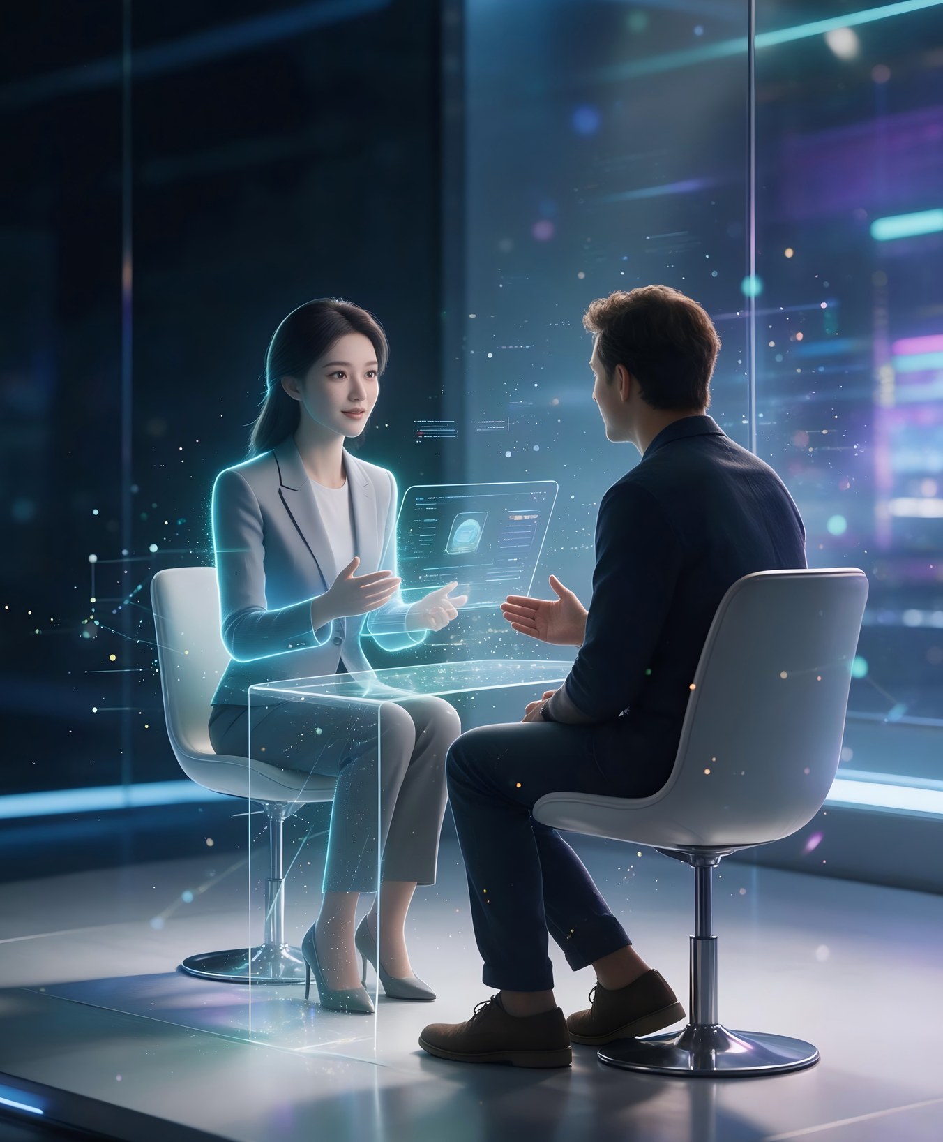 Illustration of a digital interviewer speaking with a research participant